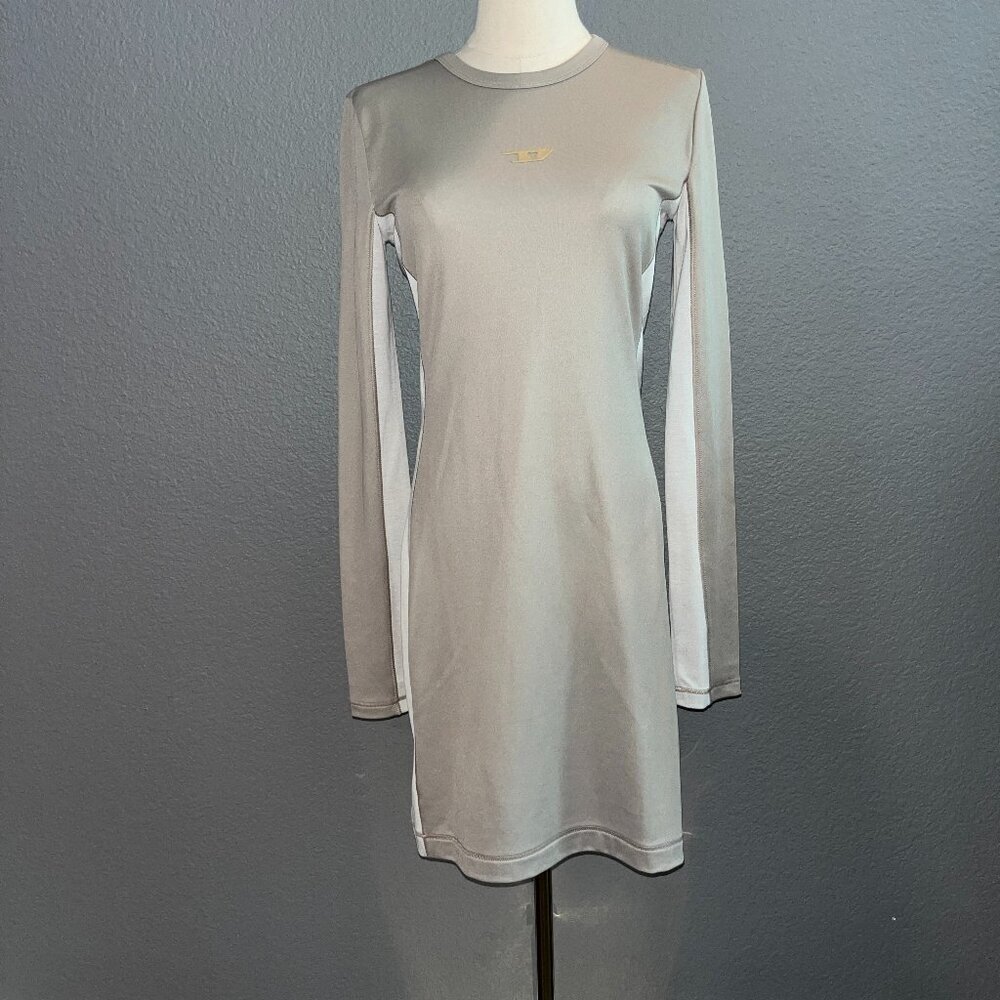 DIESEL OVAL D BODYCON LONG SLEEVE Tan & White PERFORMANCE TEE SHIRT DRESS- M